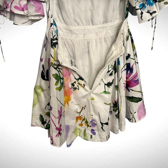 Aje Drift Puff Sleeve Cotton Mini Dress 6 AU 10 White Watercolor Garden Floral - Picture 7 of 14